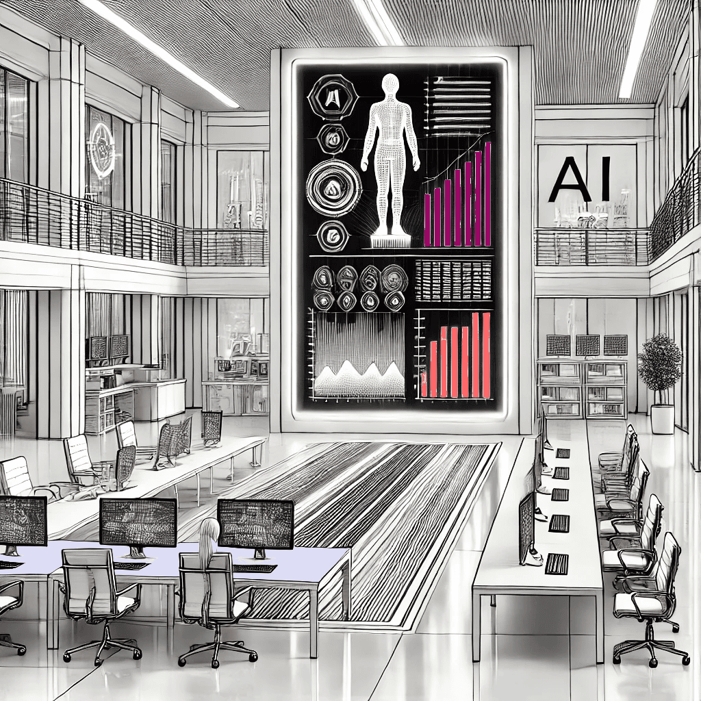 AI tools analysing HR metrics in a modern office.